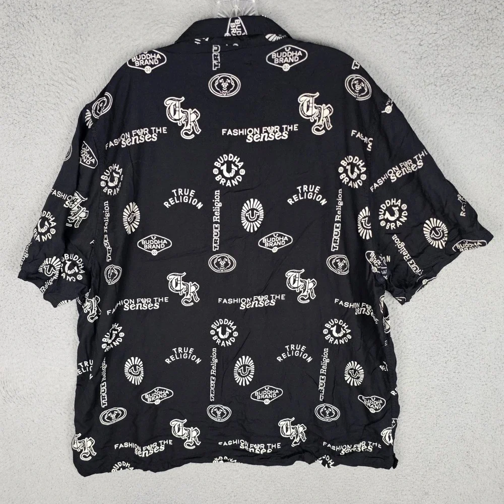 True Religion Button Up Mens 3XL Black Buddha Brand Graphic AOP Resort Shirt